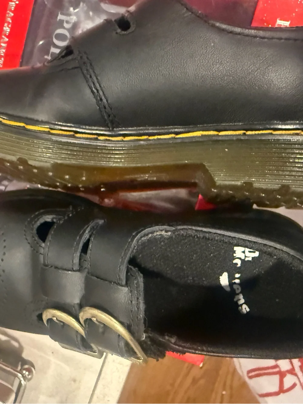 Dr. Martens Black Leather Double Monk Strap Shoes with Yellow Stitching